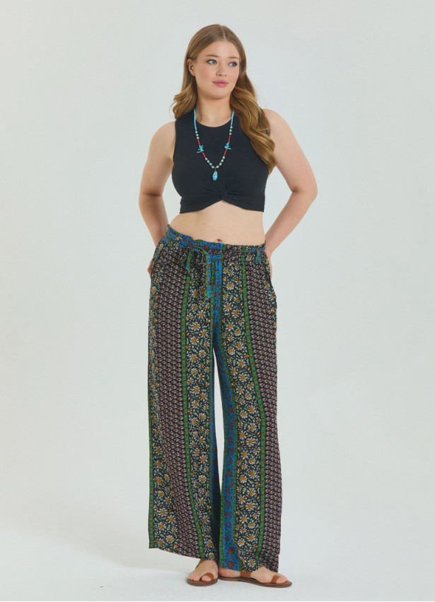 Navy Blue Women's Plus Size Trousers with Elastic Waist Belt Detail 4619